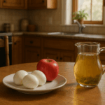 There are 3 Eggs, 1 Apple and a mug of green tea on a table following 3 days diet chart.