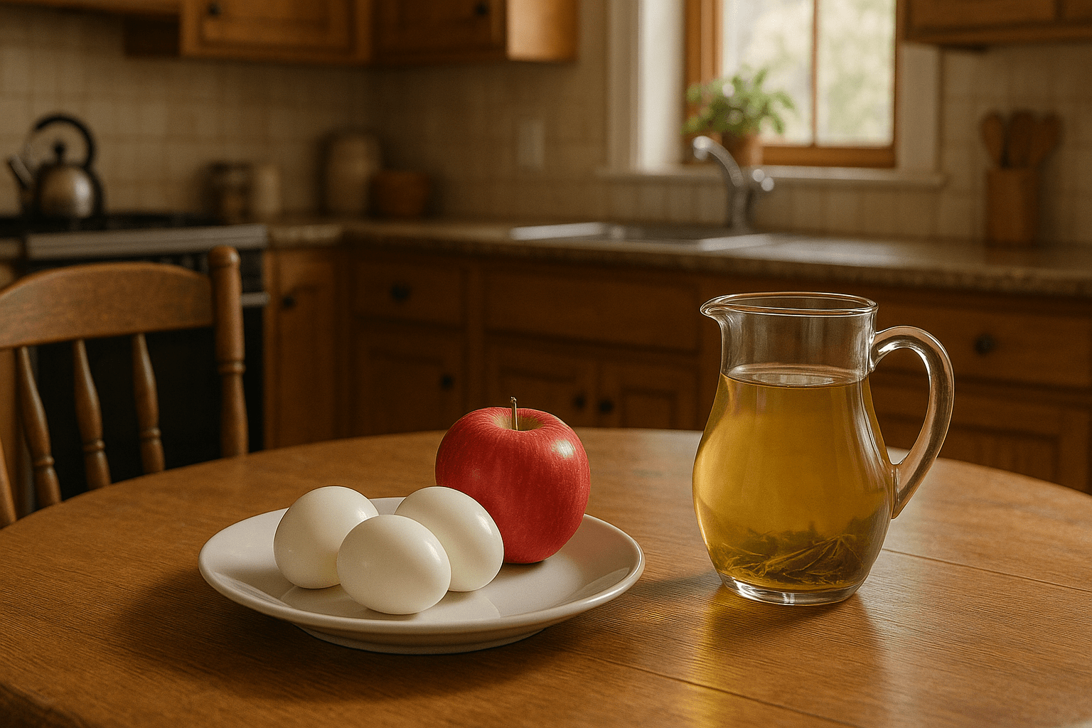 There are 3 Eggs, 1 Apple and a mug of green tea on a table following 3 days diet chart.