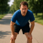 An exhausted runner in a blue shirt and black shorts is bent over with hands on his knees, catching his breath on a shaded park path—illustrating the impact of common beginner running mistakes that can quickly lead to fatigue and burnout.