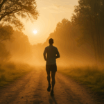 Lone runner on misty morning trail with golden sunlight, peaceful and empowering mood.
