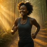 Black female runner smiling at sunrise on a forest trail.