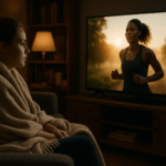 Runner sitting on a cozy couch under a blanket, watching an inspiring running movies on a big screen, soft lighting creating a warm and motivational atmosphere