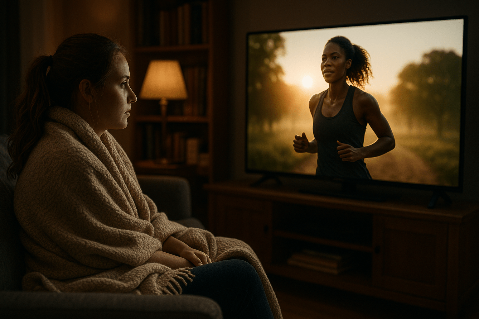 Runner sitting on a cozy couch under a blanket, watching an inspiring running movies on a big screen, soft lighting creating a warm and motivational atmosphere
