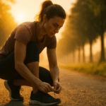 Determined runner lacing up running shoes at sunrise on a peaceful trail, symbolizing commitment, transformation, and motivation.
