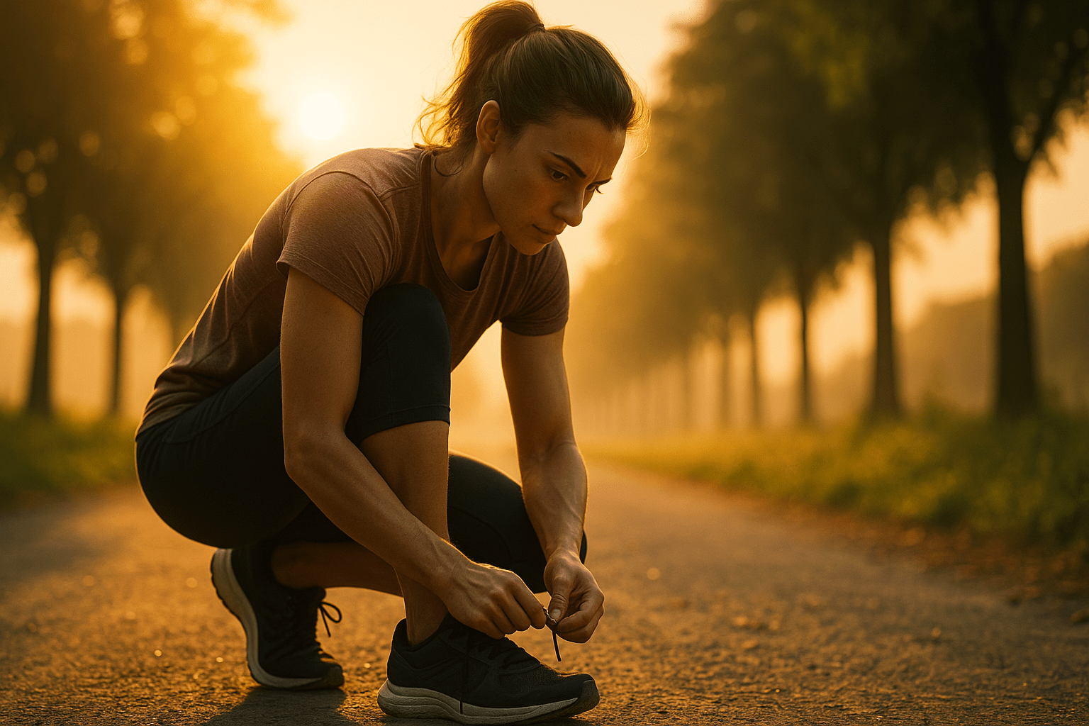 Determined runner lacing up running shoes at sunrise on a peaceful trail, symbolizing commitment, transformation, and motivation.