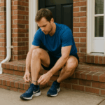 A man wearing a blue T-shirt and black pants is tying his shoelaces before his run,