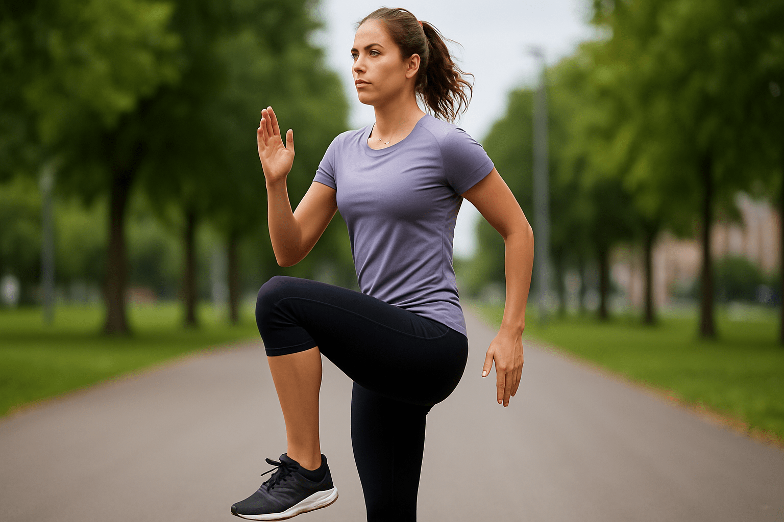 A woman doing a-skips before run.