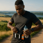 Black male trail runner adjusting gear and checking water bottle atop a scenic hill with fields, lake, and forest in background.