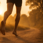 Barefoot runner’s legs jogging on a dirt trail at sunrise with trees in the background