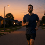 Jogger running through a quiet suburban street during sunset with warm house lights and a calm atmosphere.
