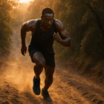 African-American male runner powering uphill on a rugged dirt trail at golden hour, surrounded by forest and dust.