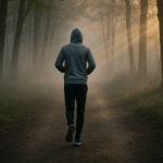 Solitary runner in gray hoodie jogging through a misty forest trail at dawn with sun rays breaking through trees.