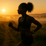 Silhouette of a fit Black woman trail running at sunrise, wearing a heart rate monitor and glowing fitness watch, with mist rising over a golden-hued landscape.