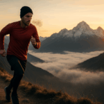 A runner in a red shirt jogs along a high-altitude mountain trail at sunrise, with visible breath in cold air, mist filling the valley below, and snow-capped peaks in the background.