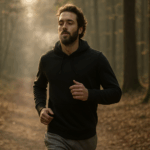 A fit man with a beard jogs slowly along a quiet forest path in soft afternoon light, his breath visible in the cool air.