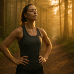 Female runner stands still in early morning forest trail, eyes closed, breathing deeply in golden sunlight.