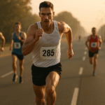 Runner sprinting ahead in a road race at sunrise with competitors behind, showing strength and determination.
