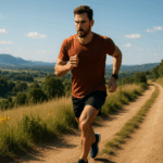 A determined male runner on a scenic dirt trail with hills and blue sky in the background, symbolizing motivation and progress.