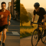 A side-by-side image of a morning runner on a city street and a cyclist climbing a rural road, both lit by golden sunrise light, symbolizing energy and fitness.