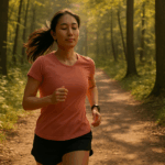 An Asian woman jogging on a sunlit forest trail, exuding calm and focus.