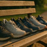 Five pairs of worn running shoes from different brands lined up on a wooden bench in soft golden sunlight, with a blurred running trail in the background.