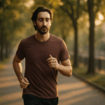 A fit man jogging alone on a quiet urban path lined with trees, bathed in warm afternoon light.