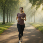 Woman jogging alone on a peaceful, tree-lined path with sun rays breaking through morning mist.