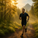 Trail runner in their 30s wearing a hydration pack, jogging through a misty forest at sunrise with mountains in the background and golden light filtering through the trees.
