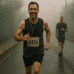A smiling male runner with a race bib and earbuds runs on a misty urban path with wet pavement, another runner faintly visible behind him in the fog.