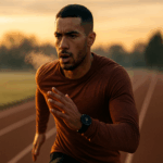 Focused runner sprinting at dawn on a track with breath visible in the cold air and a smartwatch tracking VO₂ max data.