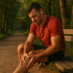 A runner in a red shirt sits on a park bench massaging his shin with a pained expression, surrounded by trees in late afternoon light.