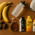 Flat lay of long-run fuel items on a wooden table, including GU, Maurten, and Honey Stinger energy gels, bananas, medjool dates, a flask of maple syrup, a water bottle, and a pair of running shoes.