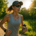 A female runner in summer gear jogs through a sunlit green park holding a water bottle.