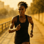 Photorealistic image of a determined Black female runner jogging on a sunlit urban path in mid-summer, sweat glistening on her skin under golden light.