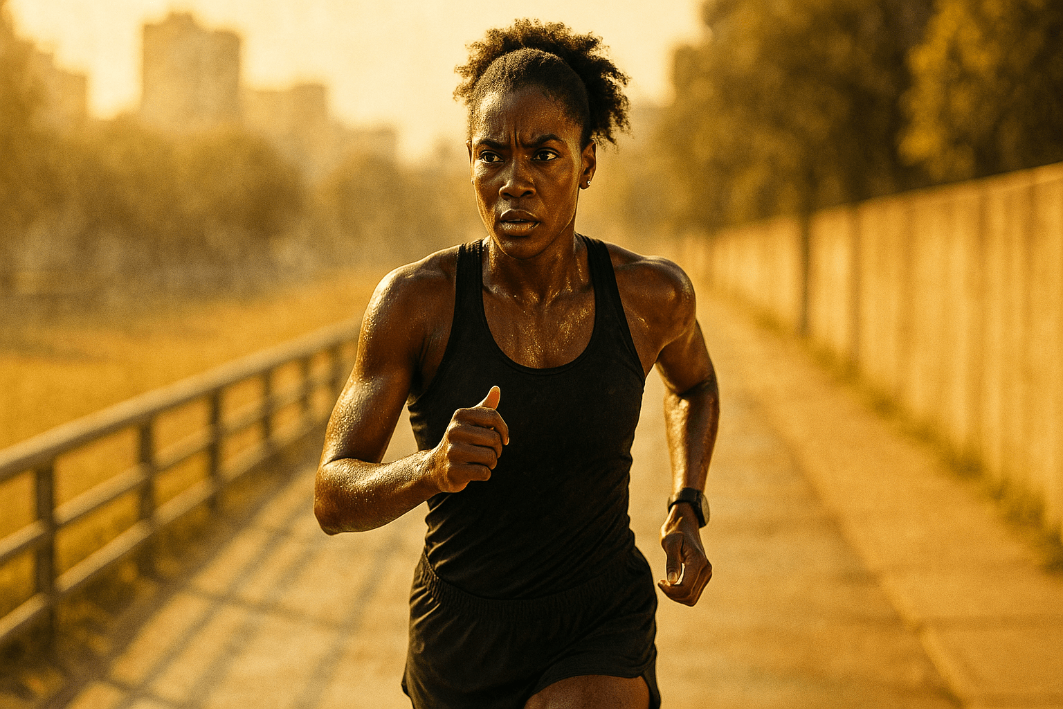 Photorealistic image of a determined Black female runner jogging on a sunlit urban path in mid-summer, sweat glistening on her skin under golden light.