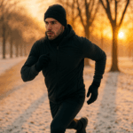 Determined runner in winter gear jogging through a snowy urban park at sunrise with visible breath in the cold air.