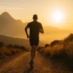 A lone runner on a mountain trail at sunrise, casting long shadows in golden light, symbolizing mental clarity and personal growth.