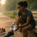 A black female runner sits on a park bench in the morning light, applying an ice pack wrapped in a towel to her ankle, with running shoes nearby.