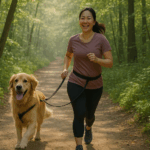 Asian female runner and golden retriever jogging side by side on a forest trail during sunrise