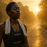 Black female runner finishing her sunrise workout on a misty path, drenched in sweat, wearing a hydration vest and towel over shoulders with golden light in the background.