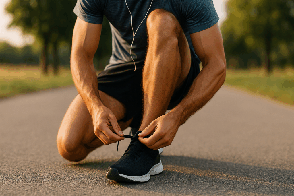 Start 16 Male runner tying his black running shoes on a sunlit path during golden hour.