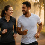 A happy couple jogging side by side at sunrise on a misty, tree-lined path, wearing casual running clothes and smiling at each other.