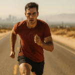 A male runner training on a sun-scorched desert road, sweat glistening, with heat waves rising in the background.