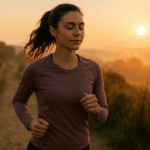 A young woman jogging along a dirt trail at sunrise, her eyes closed with a serene expression, surrounded by warm golden light and soft, misty hills in the background.