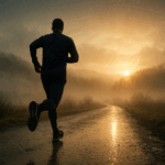A lone runner in dark athletic gear runs on a wet path at dawn, rain falling and sunrise piercing through fog in the background.
