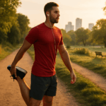 A man in a red athletic shirt stretches his quad on a sunlit park trail with a city skyline in the background during golden morning light.