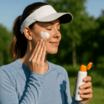 White female runner applying sunscreen on her face before a sunny morning run, wearing UPF sports clothing and a white sun visor in a lush green park.
