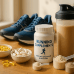 A neatly arranged display of running supplements including capsules, powders, and a protein shake beside blue running shoes and a water bottle on a wooden table in natural morning light.
