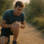 A male runner kneels on a dirt trail holding his knee with a pained expression, surrounded by morning sunlight and greenery.