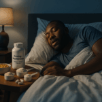 A peaceful Black man sleeps in bed under soft nighttime lighting, with running shoes and supplements on a nearby table.
